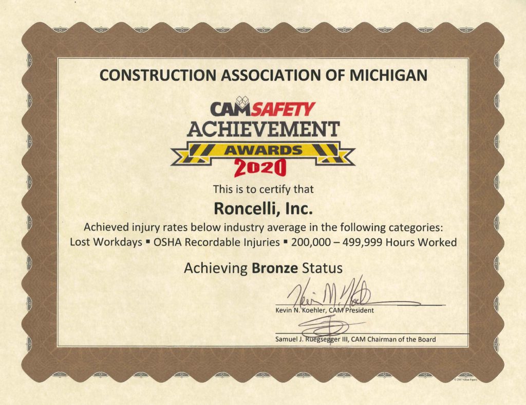 CAM Safety Achievement Award presented to general contractor Roncelli, Inc.