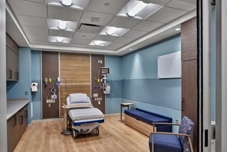 Karmanos Cancer Institute procedure room, used for non-Gamma Knife oncology procedures. The headwalls behind the patient beds are capable of offering medical gas hookups.